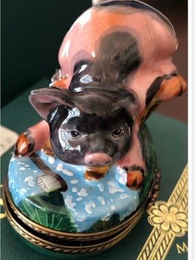 Limoges Handpainted Box by Rochard Pink and Black Pig Trinket Box PRICED TO SELL